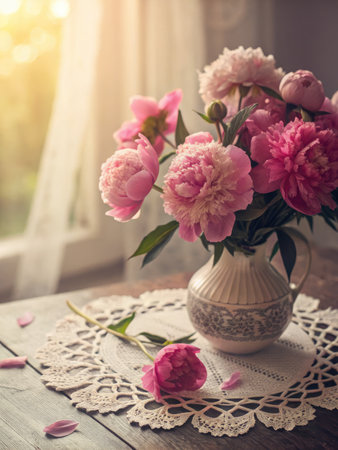 Close up shows an arrangement of bright pink peonies in a ceramic pitcher vase. Vase sits on a white, intricately designed, lace doily. Petals have fallen on the wood table.の写真素材