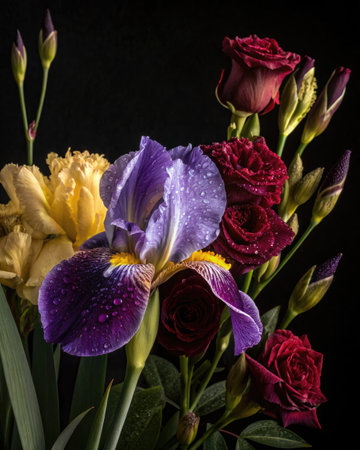 A stunning bouquet featuring a vibrant iris, deep red roses, and other delicate blooms set against a...