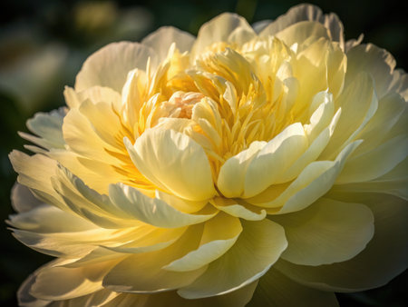 A close-up shot shows a radiant yellow peony in full bloom, bathed in soft sunlight, showcasing its intricate details.の写真素材