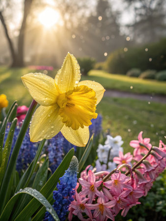 A vibrant daffodil glistens with water droplets, surrounded by colorful spring flowers in a sunlit...