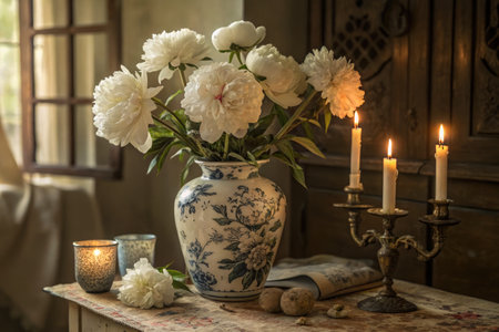 An antique still life featuring ruffled white peonies arranged in a floral vase. Candles burn brightly in a candelabra.の写真素材