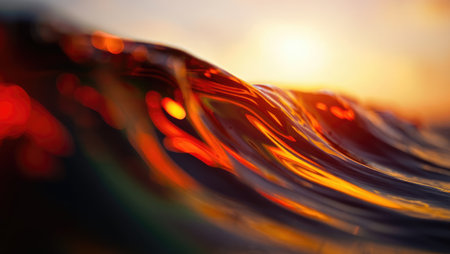 Close up of ocean wave with sunlight reflecting off the water. The wave is breaking with golden light reflecting off the surface creating a warm and inviting view at the coast.の写真素材