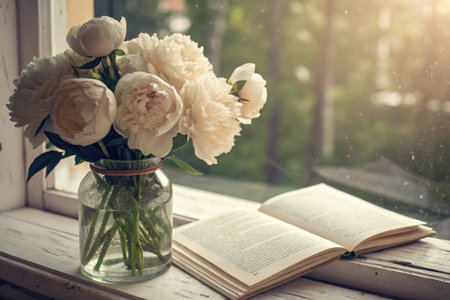 Duchesse de Nemours peonies fill a glass jar near an open book, both placed on a white windowsill. Sunlight streams through the window in the background.の写真素材