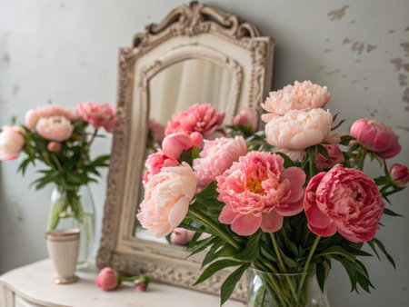 Several bouquets of coral charm peonies fill glass vases on a white dresser. An ornate, vintage mirror stands behind the blooms. The scene presents a soft, romantic floral display.の写真素材