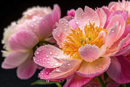 An ultra macro close up captures beautiful multicolor Peonies covered in water droplets. Pink,...