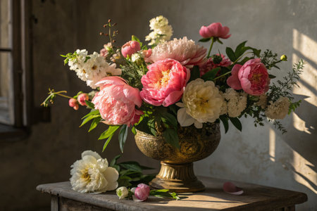 A mixed floral arrangement with bowl of beauty and duchesse de nemours blooms sits in an ornate golden vase, displayed on a rustic wooden table near a window, catching the sunlight.の写真素材