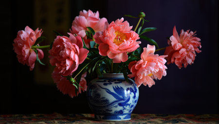 Several lovely pink peony flowers fill an antique white and blue vase. The arrangement sits on a...