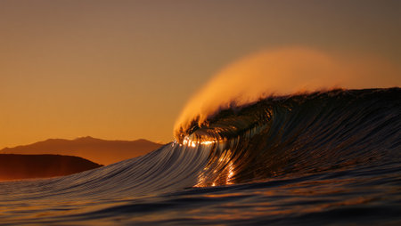 Ocean wave rises and begins to break, lit by the morning sun, as dawn arrives at a beach in Baja...