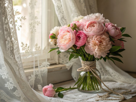 A bouquet of blush Peonies sits in a vase tied with twine, positioned near a window with delicate lace curtains. One peony lies softly on the lace cloth, adding to the romantic scene.の写真素材