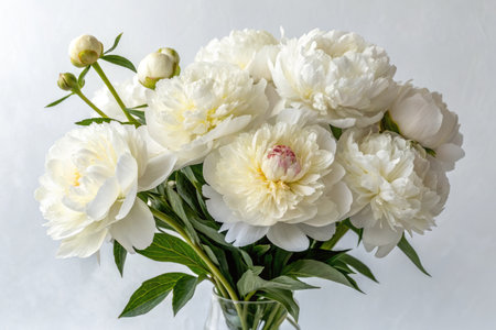 A collection of fully bloomed white Peonies with green leaves fill a glass vase. The soft white petals are voluminous and create a beautiful floral display.の写真素材