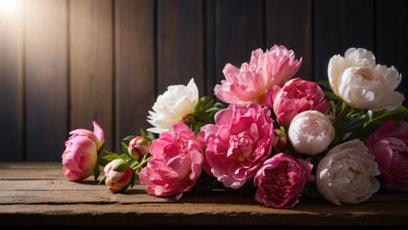 A vibrant collection of pink and white peony blossoms rests on a weathered wooden table. The flowers, some fully bloomed and others still in bud, catch the soft light in an inviting arrangement.の写真素材