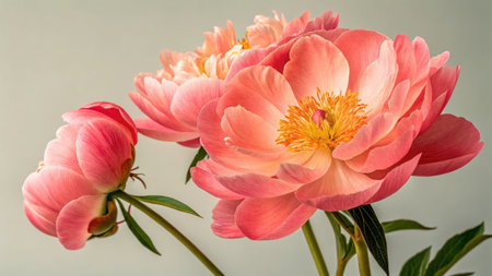 An ultra macro studio composition captures three coral Peonies, showcasing their delicate petals and golden centers. One is a tightly closed bud, while the others are in full bloom.の写真素材