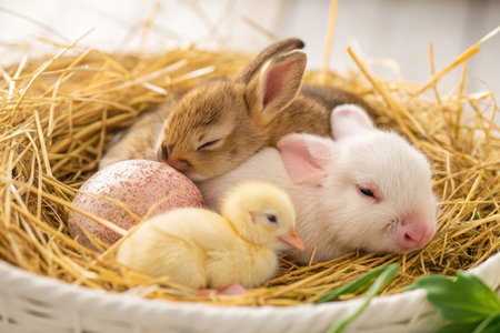 Soft fur and gentle breaths fill the cozy nest, where a bunny, chick, and another bunny rest peacefully beside a unique speckled egg, surrounded by yellow straw and greenery.の写真素材