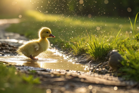 A small duckling joyfully splashes in a shallow puddle during a sunny day. Water droplets shimmer in the light as it explores its surroundings, showcasing a playful moment in nature.の写真素材