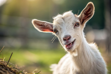 A playful baby goat with a cheeky smile captures attention in a bright, sunny setting. The young goat is surrounded by green grass, exuding energy and curiosity typical of its age.の写真素材