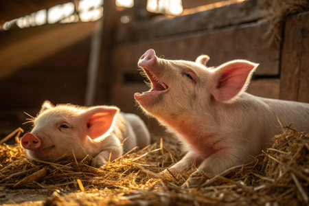 A piglet and a calf are lying side by side on a bed of straw in a barn. The warm light of the golden hour creates a serene atmosphere as they rest comfortably.の写真素材