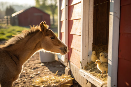 A foal approaches a chicken coop with curiosity during the golden hour. The gentle light highlights the golden fluff of chicks inside the coop, creating a peaceful farm atmosphere.の写真素材