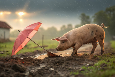 In a rural setting during a rainstorm, a piglet attempts to pull an overturned red umbrella through the muddy ground while surrounded by a picturesque farm backdrop.の写真素材