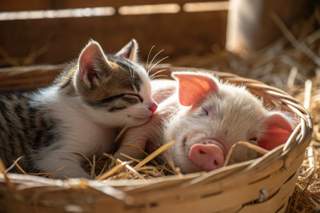 A striped kitten and a tiny piglet are napping nose to nose inside a cozy basket. Sunlight softly illuminates the warm scene, highlighting their peaceful bond amid the straw.の写真素材