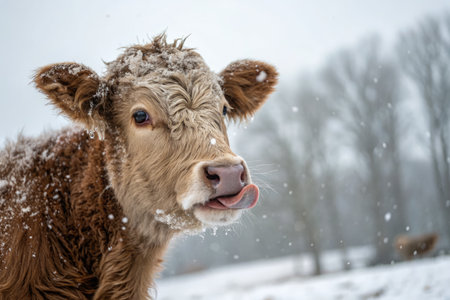 A young calf stands in a snowy environment, with delicate snowflakes melting on its fur. The background features trees and a gray sky, conveying the tranquility of winter.の写真素材