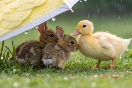 Two baby rabbits are cuddled closely under the protective wings of a duckling while rain falls in a...