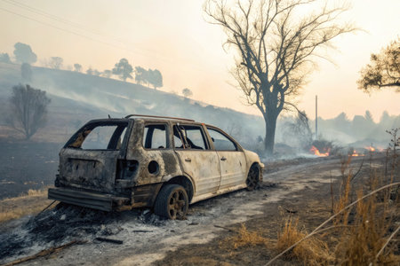 A severely damaged vehicle sits on a road, likely the aftermath of a traffic accident near a wildfire. The surrounding area is filled with smoke.の写真素材