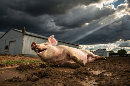 In a rural setting, a piglet rolls blissfully in the mud, showcasing its playful nature. Dark clouds hover above, adding to the farm's rustic charm. The muddy ground reflects joy.の写真素材