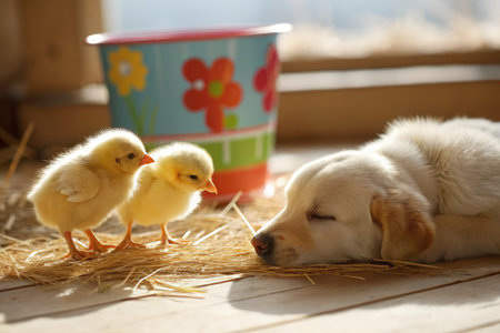 Three curious baby chicks peck at a sleeping dog in a warm, sunny room filled with straw. A vibrant...