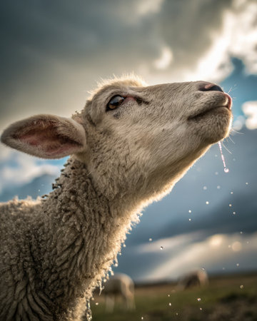 A young lamb stands amidst a lush meadow, gazing upward with raindrops clinging to its lashes. The backdrop features a dramatic sky filled with clouds, creating a serene atmosphere.の写真素材