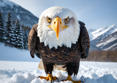 A majestic bald eagle stands proudly in a snowy landscape, embodying freedom and strength, a true symbol of america.の写真素材