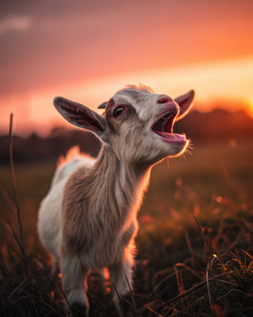 This close up features a baby goat with expressive eyes and an open mouth mid bleat, set against a stunning sunset in a grassy field. The warm colors create a vibrant atmosphere.の写真素材