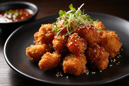 A close-up shot displays appetizing fried chicken bites drizzled with sweet sauce and sesame seeds....