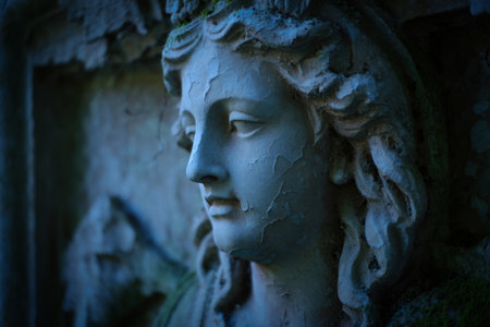 Close-up of an aged stone angel sculpture in a garden, showcasing weathered details and historical beauty. The statue shows serene expression.の写真素材