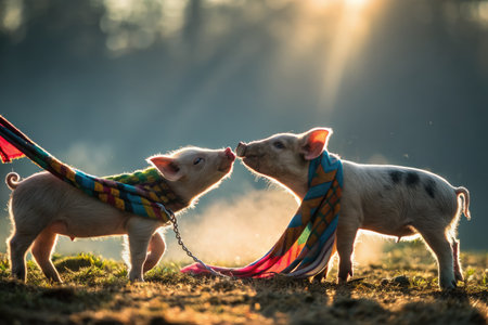 Two adorable baby pigs are pulling on opposite ends of a bright, colorful scarf. The sunlight softly illuminates the playful scene in a picturesque field during early morning hours.の写真素材