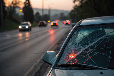 A close-up view of a car with a shattered windshield, suggesting a collision. Other cars are blurred in the background on the road during dusk.の写真素材