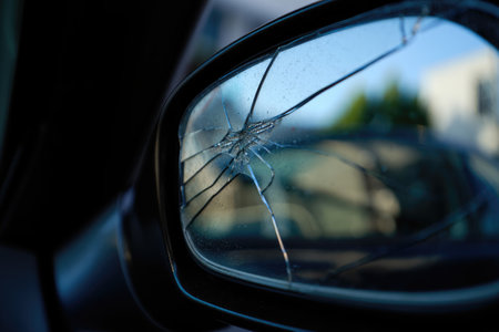 A close-up shot reveals a shattered side mirror, possibly from a road traffic incident, showing the aftermath of a collision.の写真素材