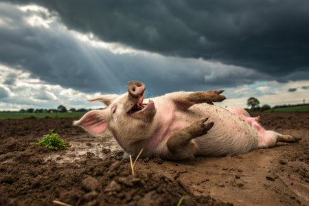 A joyful piglet rolls in soft mud, surrounded by a rural landscape. Dark clouds gather above as the animal expresses pure glee, showcasing the carefree moments of farm life during a stormy afternoon.の写真素材