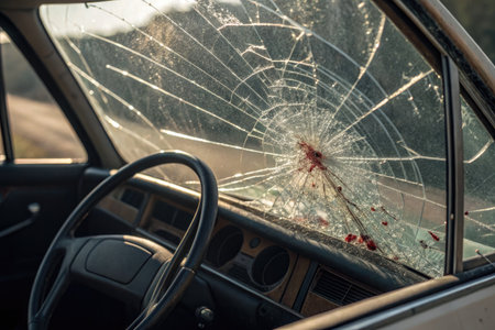 Close-up of a car interior with a shattered windshield, the aftermath of a serious accident. This image shows a potentially dangerous situation.の写真素材