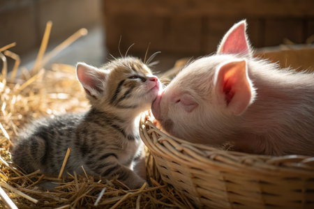 A cute kitten and an adorable piglet are peacefully napping nose to nose. They are nestled together in a warm indoor space, surrounded by soft straw, enjoying the gentle afternoon light.の写真素材