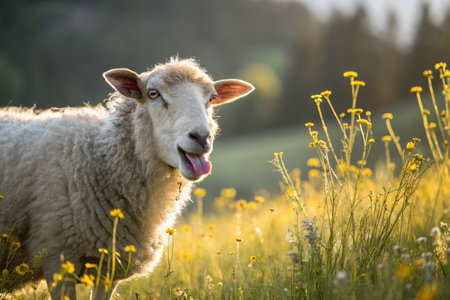 A fluffy sheep stands in a sunlit meadow, surrounded by vibrant wildflowers. Its goofy expression and playful demeanor add charm to the serene countryside setting during late afternoon.の写真素材