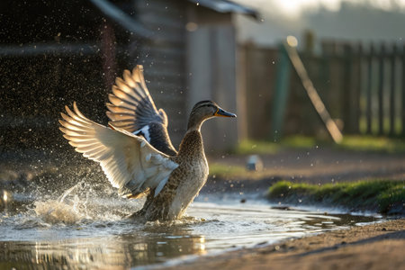 A duck flaps its wings vigorously in shallow water, creating splashes around it. The early morning light illuminates the scene, highlighting the ducks feathers and the serene surroundings.の写真素材