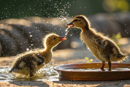 Two adorable ducklings are splashing water at each other, enjoying their playful antics in a shallow pond. Their fluffy feathers glisten with droplets.の写真素材