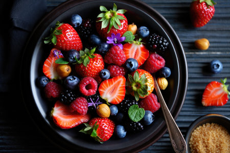 A vibrant display of fresh summer berries arranged on a dark plate, perfect for a healthy snack or dessert. Close up shot.の写真素材