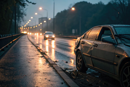 A vehicle damaged in an accident sits roadside as other cars travel in the background on a wet road.の写真素材