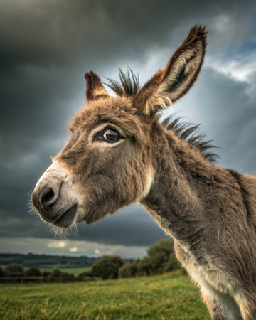 A baby donkey stands in a vibrant green field, displaying a goofy wide eyed expression. The backdrop features an approaching storm with dark, dramatic clouds, creating a striking contrast.の写真素材