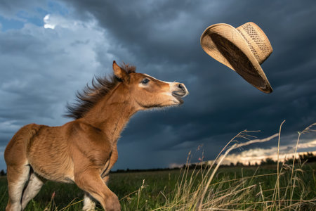 A lively foal stands in a green field, holding a piece of straw in its mouth. The sky is filled with dark clouds, creating a striking backdrop as the sun sets on the horizon.の写真素材