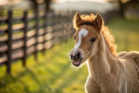 A charming foal with a crooked little mane explores a lush green pasture. The warm sunlight highlights its playful expression as it approaches the wooden fence in the distance.の写真素材