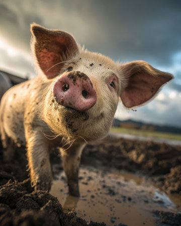The piglet with mud streaked fur gazes curiously from a muddy patch on a farm. Its large eyes and snout are vividly detailed, showcasing the innocence of farm life at twilight.の写真素材