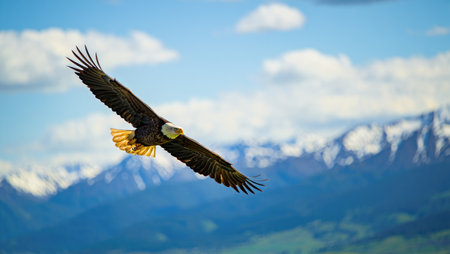 A majestic bald eagle soars across a bright blue sky, mountains providing a stunning backdrop. An image capturing the spirit of freedom.の写真素材