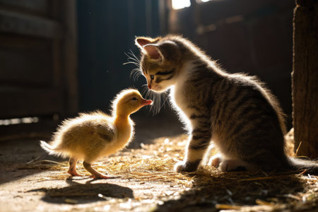 A playful kitten is softly pawing at the tail of a curious duckling in a rustic barn. Sunlight...